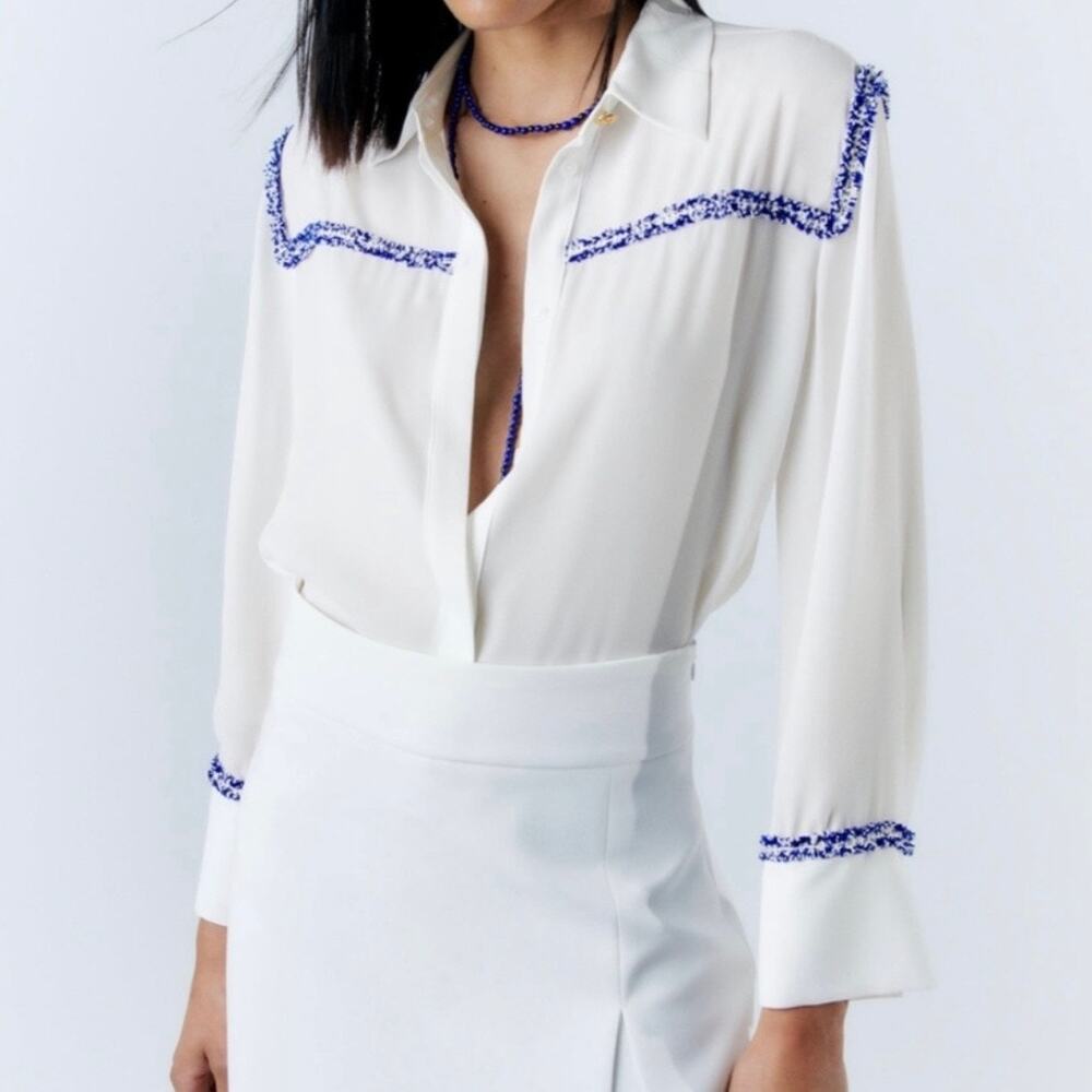 Zara Contrast Textured Button Down Top Women's Medium Oyster White